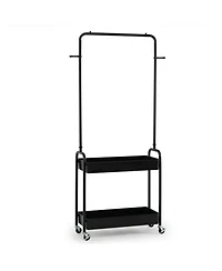 Hongge Heavy-Duty Rolling Clothes Rack with Hanging Rod and 2 Storage Baskets