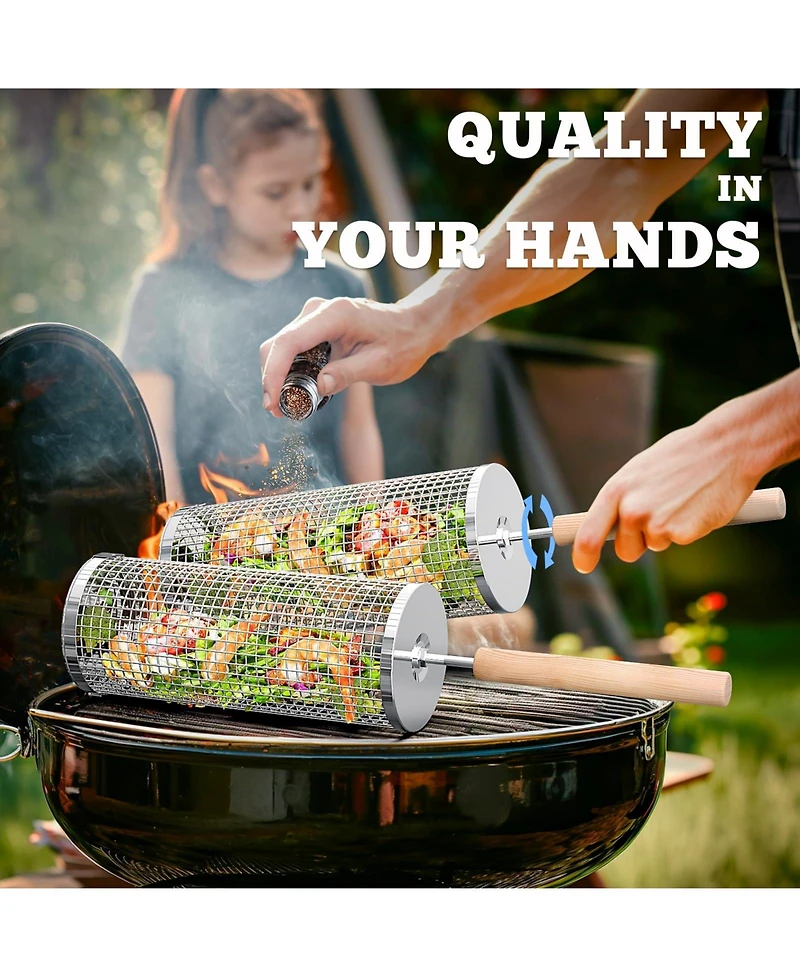 Xdovet Rolling Grill Basket Removable Wooden Handle Bbq Tools