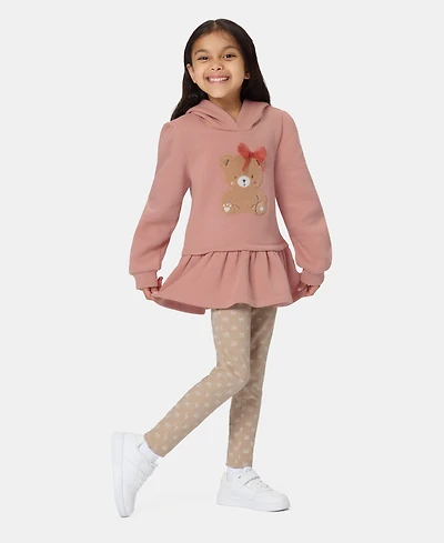 Kids Headquarters Toddler Girls' 2T-4T Bear Graphic Hooded Peplum Hoodie and Bow Print Leggings, 2-Piece Set