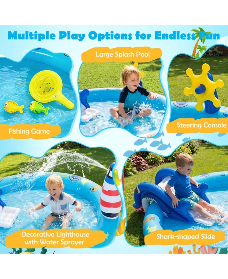 Hongge Marine Life Inflatable Spray Pool Play Center with Shark Slide, 74"L x 60.2"W x 24.8"H, 43-Gallon Capacity, Ages 2+