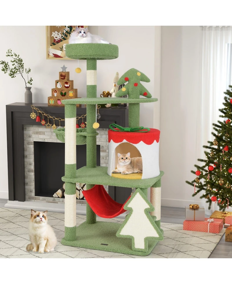 Hongge Christmas Cat Tree with Gift Box Shaped Condo, 52 Inch