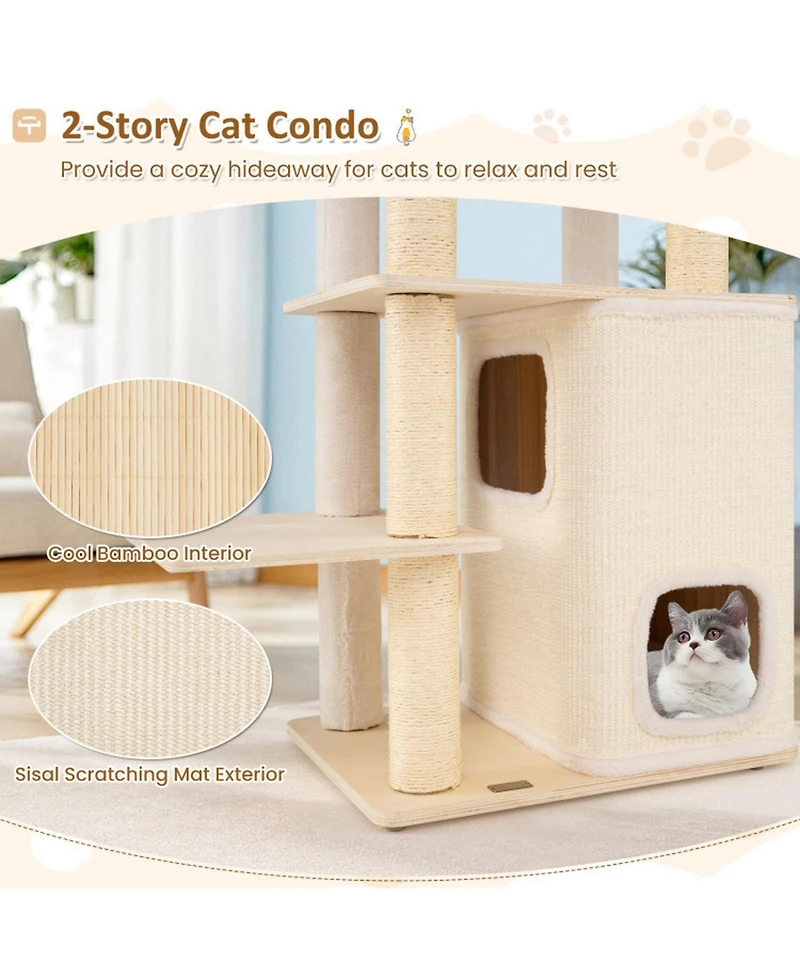 Hongge Wooden Cat Tree with Padded Two-Story Condo, 63 Inch