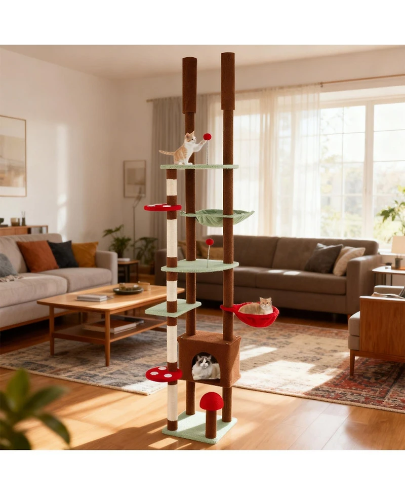 Hongge Mushroom Themed Floor to Ceiling Cat Tree with Height Adjustment