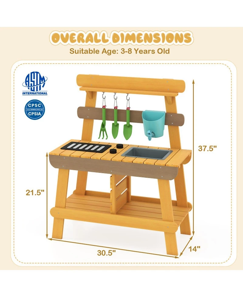 Hongge Outdoor Wooden Mud Kitchen with Grill Rack and Garden Tools
