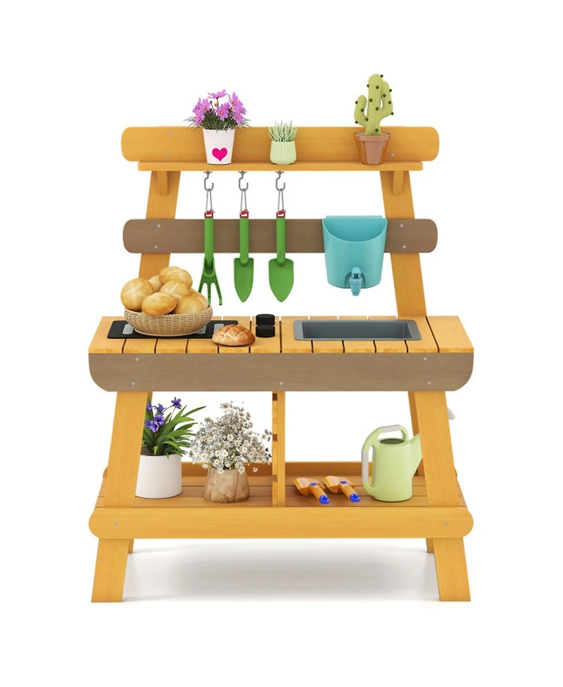 Hongge Outdoor Wooden Mud Kitchen with Grill Rack and Garden Tools