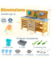 Hongge Wooden Mud Kitchen 2-Sink, 4-Stove 14-Piece Play Set, Ages 3+