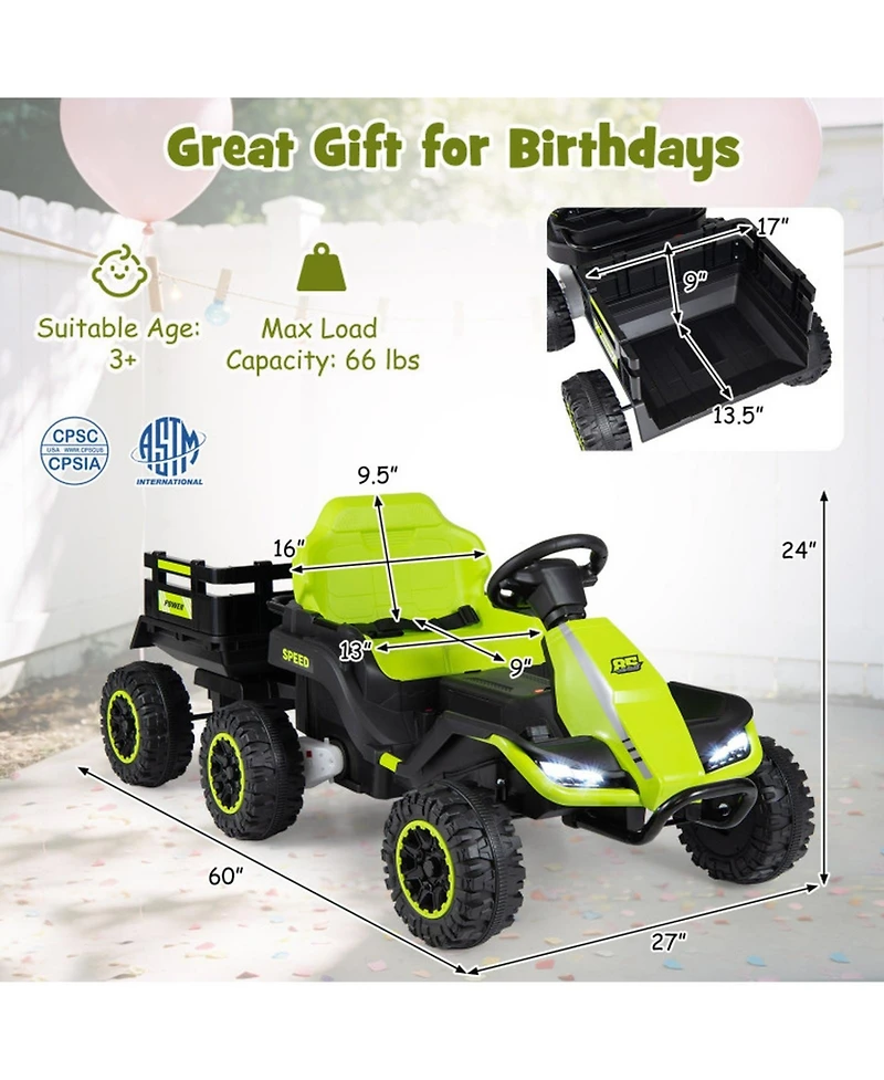 Hongge 24V Kids Ride On Tractor with Detachable Trailer, Remote Control, 66 lbs Weight Limit, Ages 3+