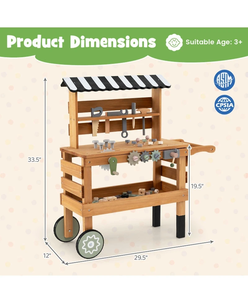 Hongge 2-in-1 Rolling Wooden 47-Piece Tool Bench Cart, Ages 3+