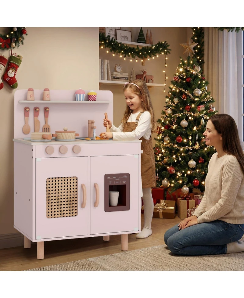 Hongge Kids Wooden Play Kitchen Playset with Working Ice Maker and Sink Ages 3