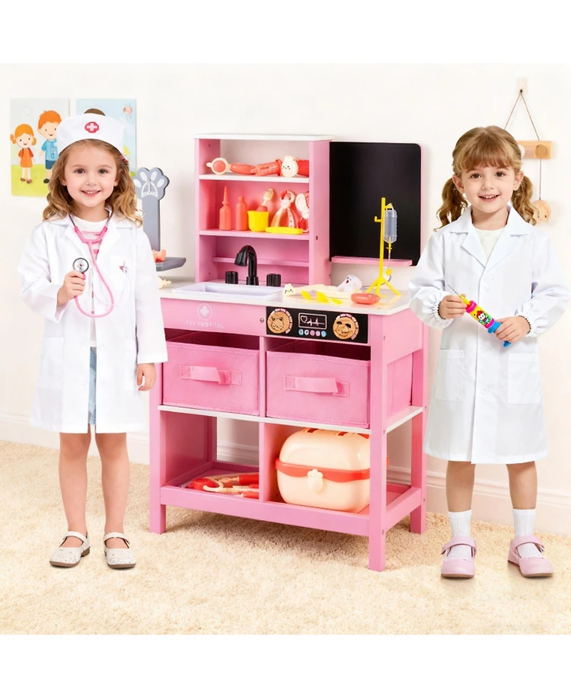 Hongge Wooden Doctor Office Playset with Folding Tabletop and Blackboard, Ages 3+