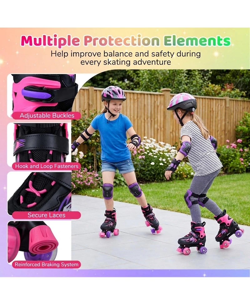 Hongge Kids Adjustable Outdoor Quad Roller Skates with Light-Up Wheels Ages 7-9