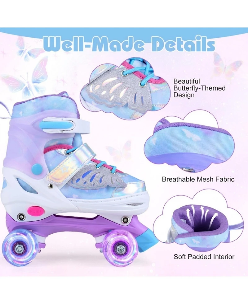 Hongge Kids Adjustable Quad Roller Skates with 4 Light-Up Wheels for Beginners Ages 7-9