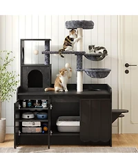 6thdruple 50.6" Cat Tree with Hidden Litter Box, Multi-Level Tower Storage and Hammocks