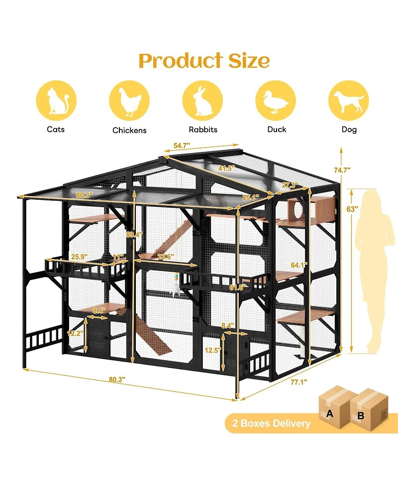 6thdruple Large Wooden Outdoor Catio for Multiple Cats, Weatherproof Pine Cat House