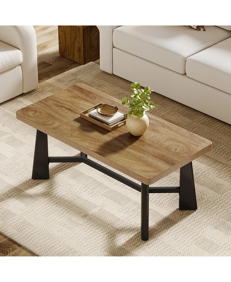 Tribesigns 47.24" Rectangular Coffee Table, Farmhouse Industrial Center Table with Wide Trapezoidal Legs for Living Room