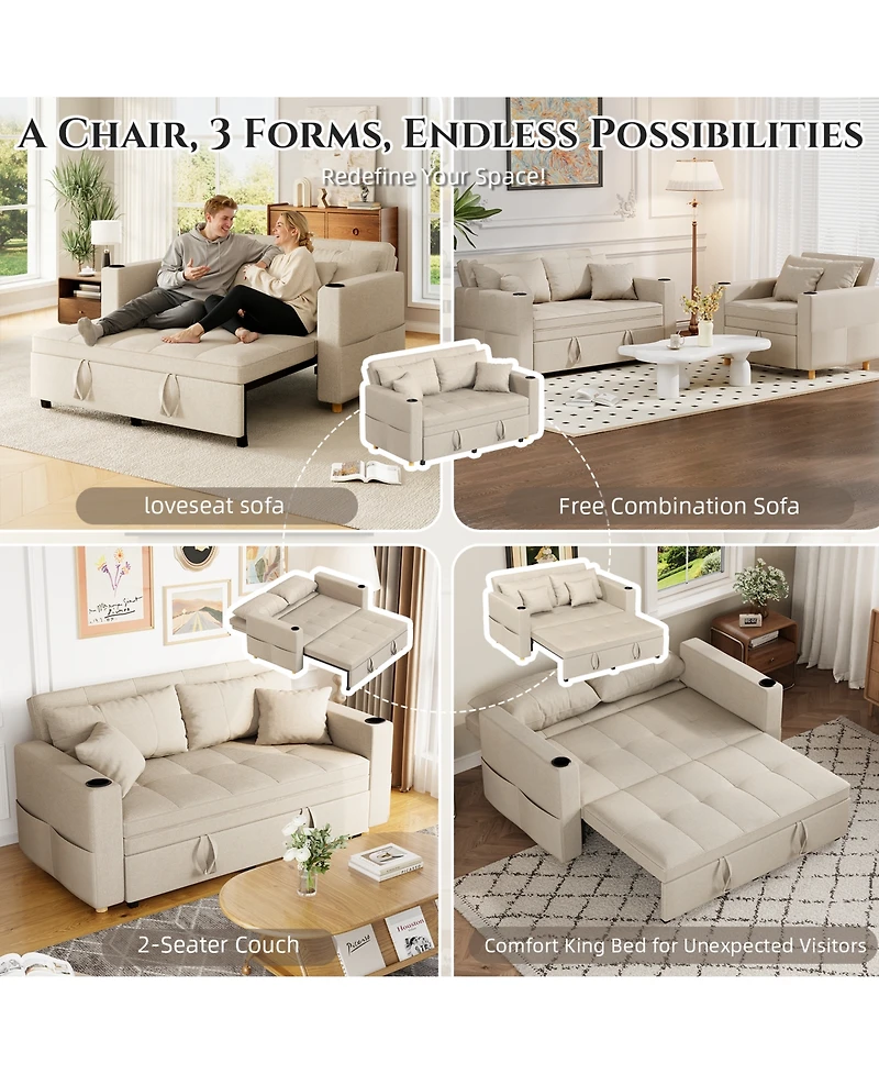 Aecojoy 63" Sleeper Chair Bed 3-in-1 Pull Out Loveseat Sofa with Adjustable Backrest