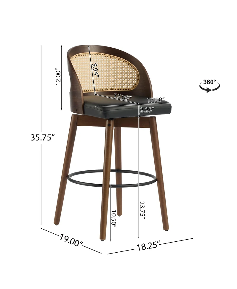 Maison Boucle Swivel Counter Height Bar Stools Set of 2, Solid Wood Rubberwood Frame, Walnut Finish, Fabric Upholstered Seat, Rattan Backrest