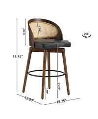 Maison Boucle Swivel Counter Height Bar Stools Set of 2, Solid Wood Rubberwood Frame, Walnut Finish, Fabric Upholstered Seat, Rattan Backrest