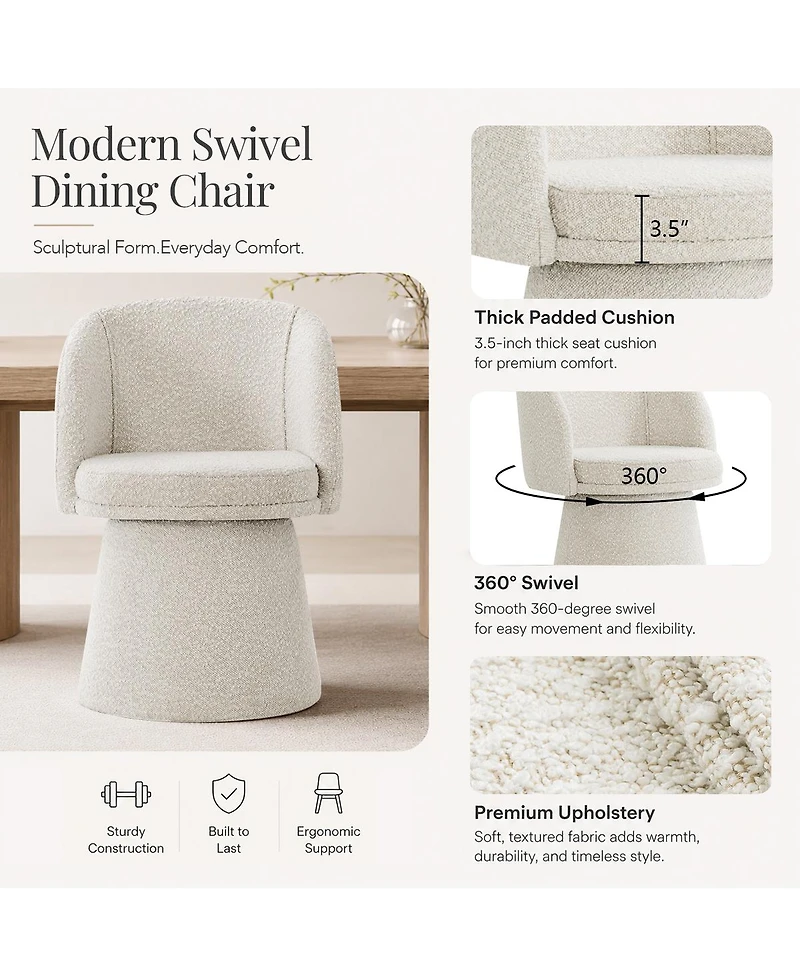 Maison Boucle Modern Swivel Dining Chair, Beige Boucle Upholstered Barrel Chair, 360-Degree Swivel Seat With Upholstered Pedestal Base.