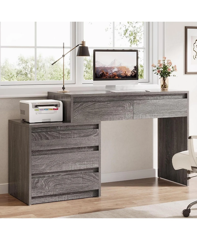 Tribesigns Computer Desk with 5 Drawers: Home office desk with file cabinet and printer stand. Rustic workstation for small spaces
