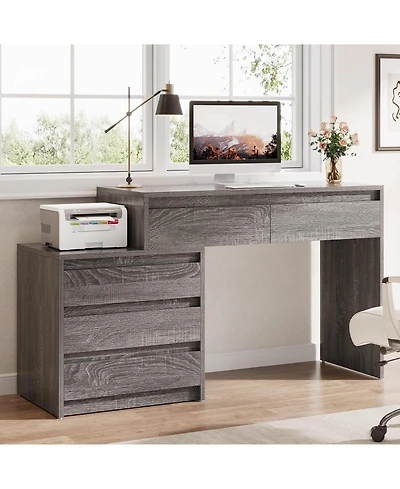 Tribesigns Computer Desk with 5 Drawers: Home office desk with file cabinet and printer stand. Rustic workstation for small spaces