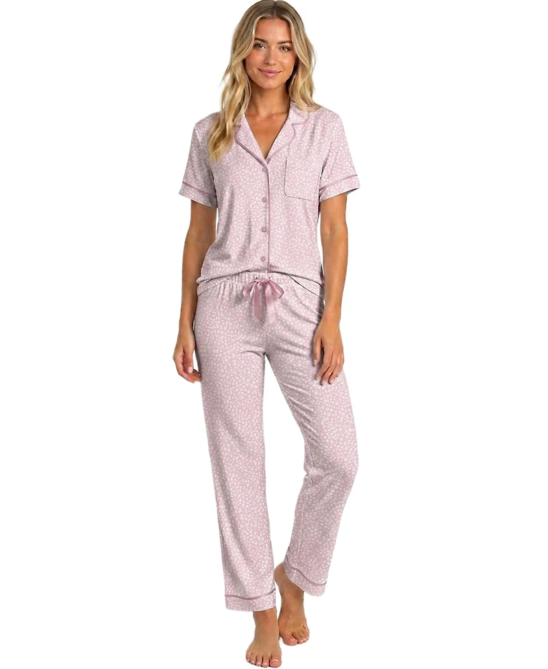 Roudelain Women's Long-Sleeve Satin Piping Top & Drawstring Pants, 2-Piece Pajama Set