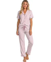 Roudelain Women's Long-Sleeve Satin Piping Top & Drawstring Pants, 2-Piece Pajama Set