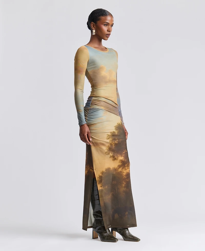 Avec Les Filles Women's Scoop Neck Long-Sleeve Shirred Waist Maxi Dress
