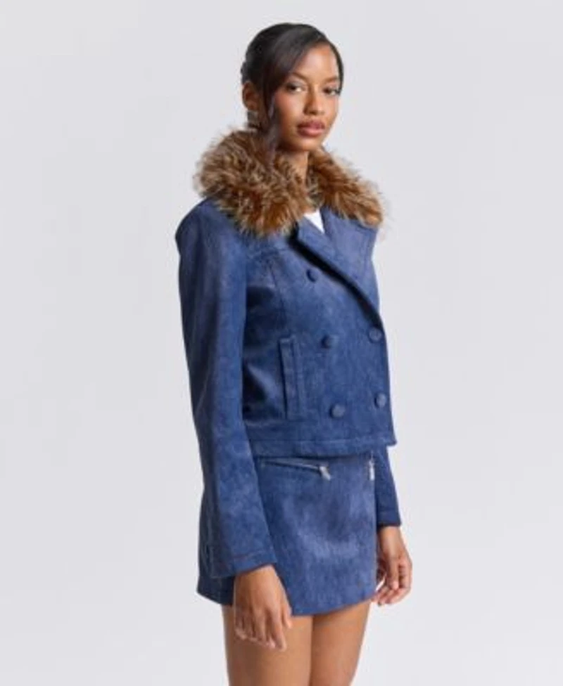 Avec Les Filles Womens Spread Collar Shrunken Coat Corduroy A Line Mini Skirt