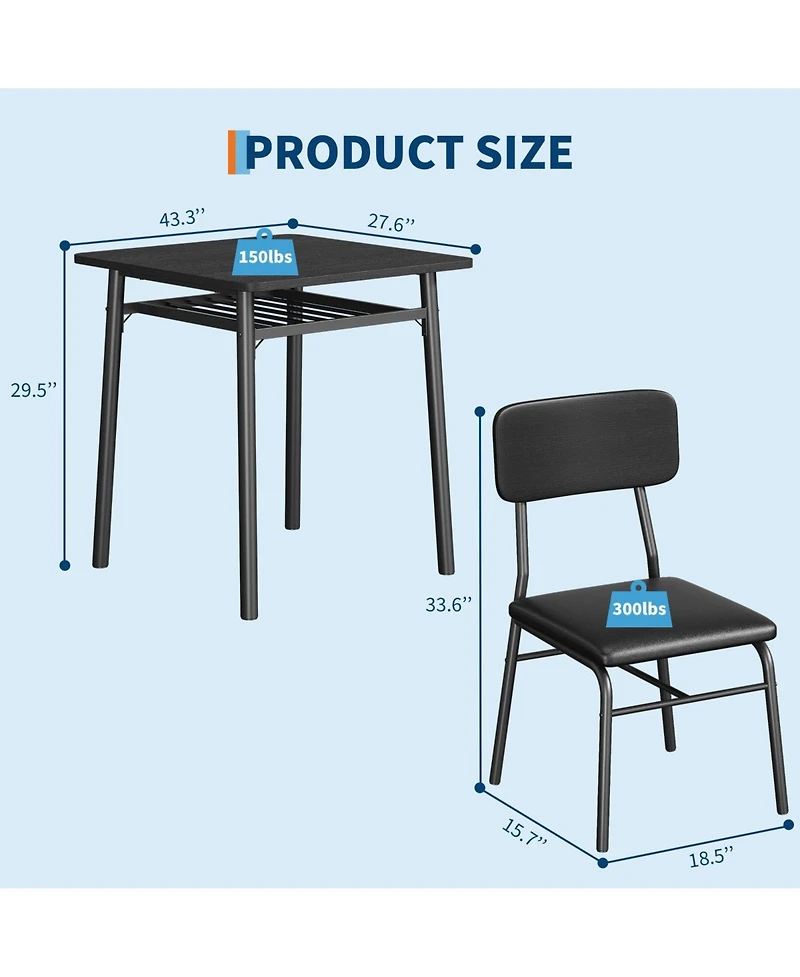 homfan Dining Table Set for 2 - 3-Piece Small Kitchen with Storage Rack, Space-Saving Square Apartment