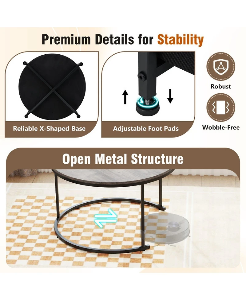 Sugift Round Coffee Table Set of 2 31.5in and 24in Circle Cocktail Tables with Fabric Storage Basket