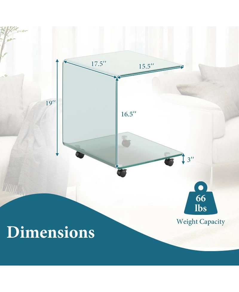 Sugift C-Shaped Tempered Glass End Table with Shelf and Detachable Wheels