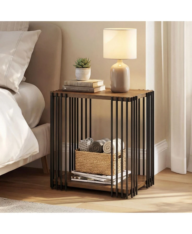Sugift Rubber Wood Side Table with 2-Layer Storage Shelves and Metal Frame