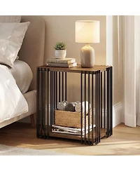 Sugift Rubber Wood Side Table with 2-Layer Storage Shelves and Metal Frame