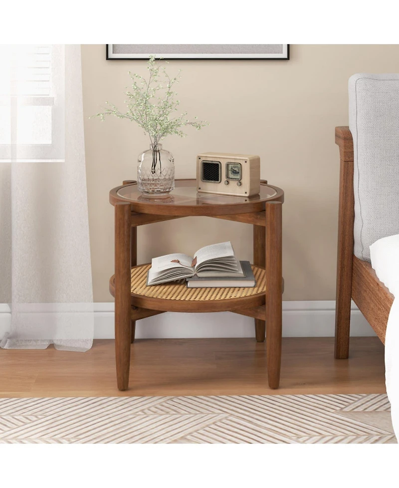 Sugift Round Rattan Side End Table with Tempered Glass Tabletop and Shelf