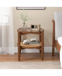 Sugift Round Rattan Side End Table with Tempered Glass Tabletop and Shelf