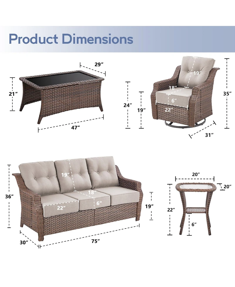 Pocassy 5-piece Outdoor Conversation Set With 6inch Thick Cushions