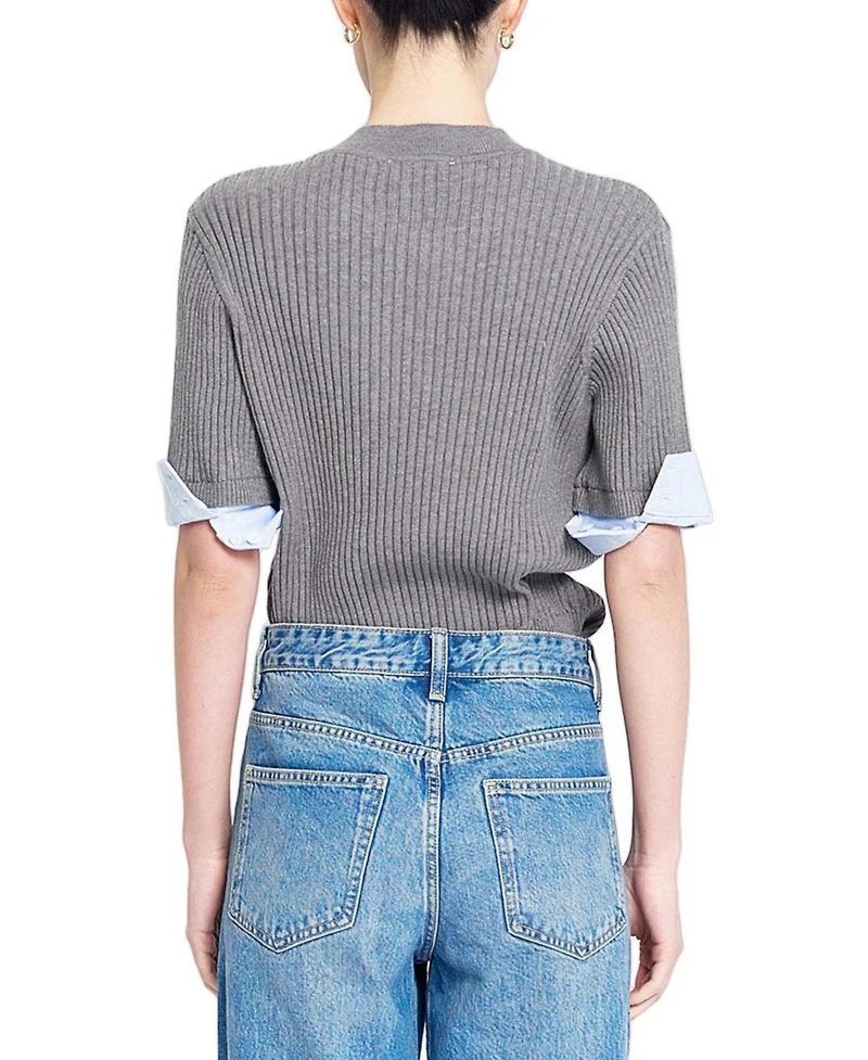 Central Park West Women's Sienna Shirt Cuff Crewneck Short-Sleeve Sweater