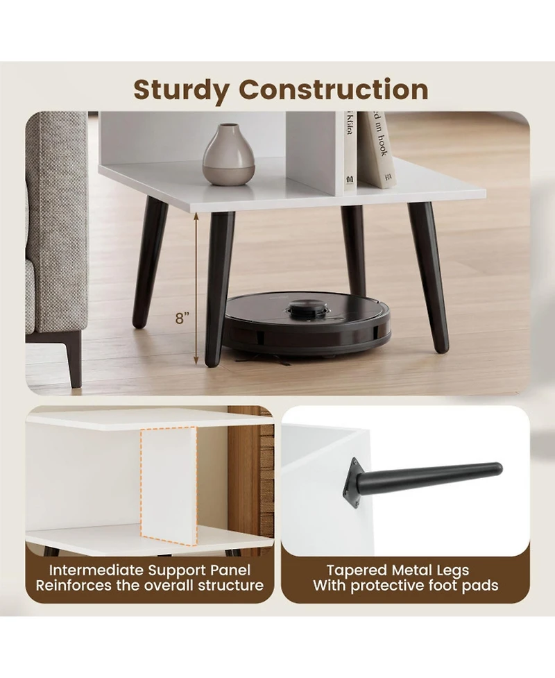 Sugift 2-Tier Mid Century Modern End Table with 2 Compartments and Metal Legs