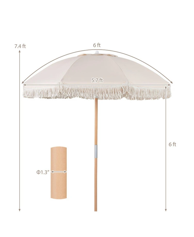 Gouun 6 Feet Boho Patio Umbrella with Fringe Tassels Wood Pole and Push Tilt