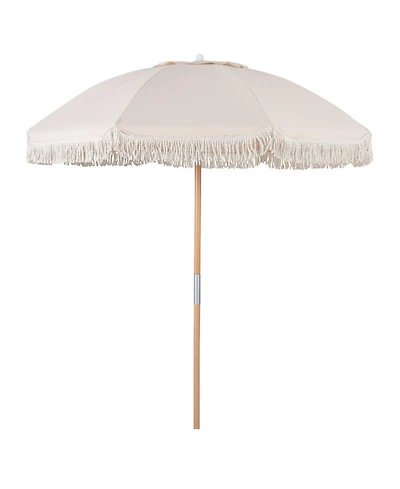 Gouun 6 Feet Boho Patio Umbrella with Fringe Tassels Wood Pole and Push Tilt