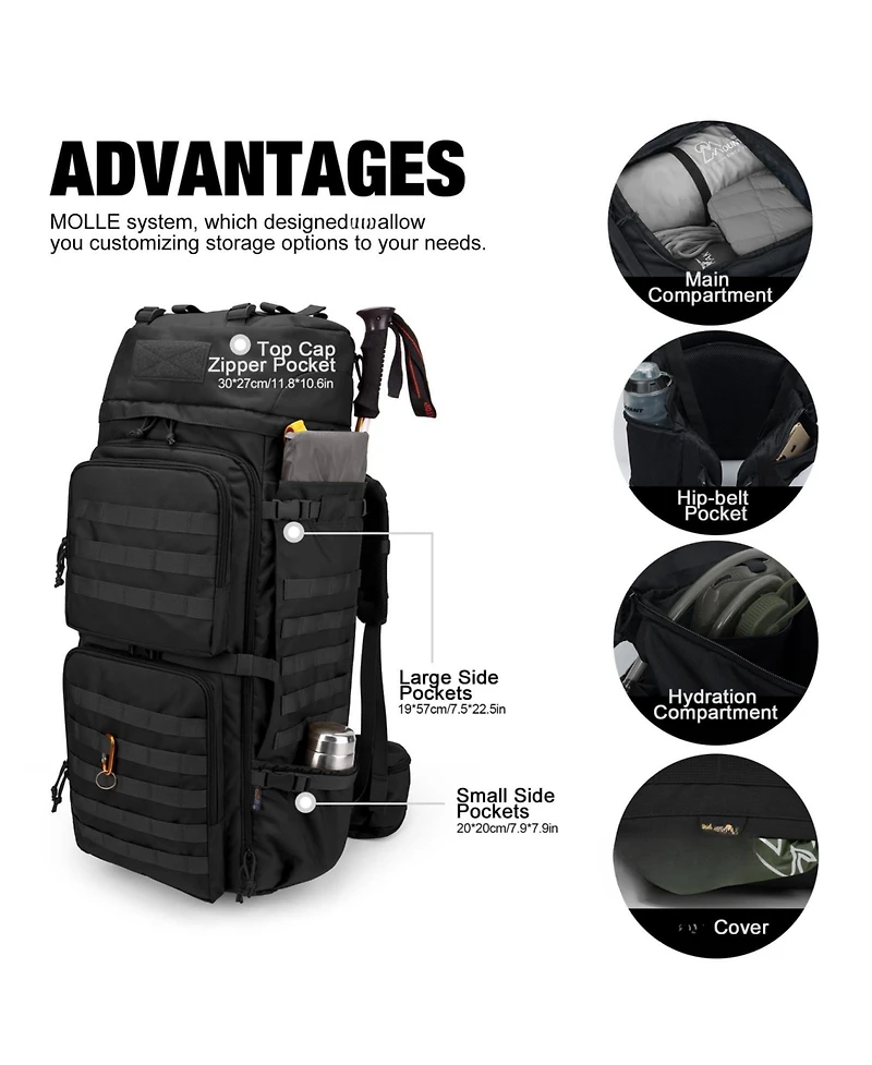 Piscifun 75L Molle Hiking Backpack With Rain Cover Hydration Compartment For Camping Travel