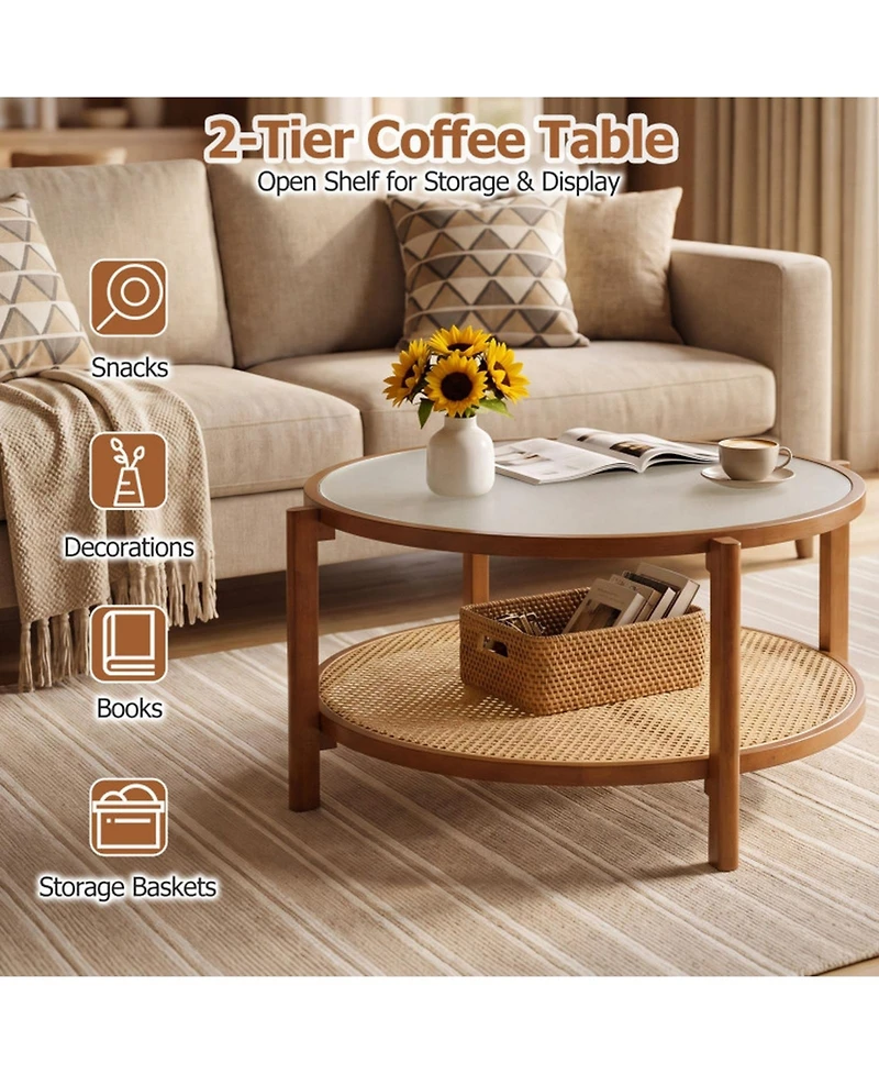 Sugift 2-Tier Rattan Coffee Table with Frosted Tempered Glass Top and Wood Legs