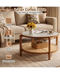 Sugift 2-Tier Rattan Coffee Table with Frosted Tempered Glass Top and Wood Legs