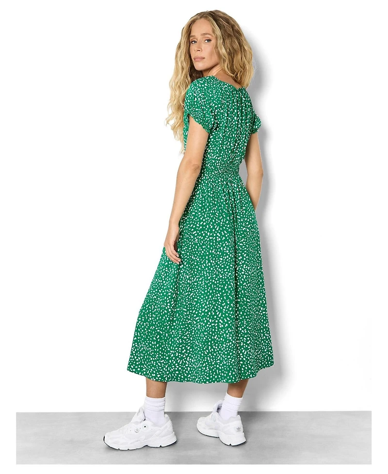 Apricot Women's Milkmaid Midi Spot Printed Smocked-Waist Puff-Sleeve Dress