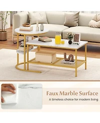 Sugift 2-Tier Rectangle Coffee Table and Side End Table Set with Storage Shelves Faux Marble Top