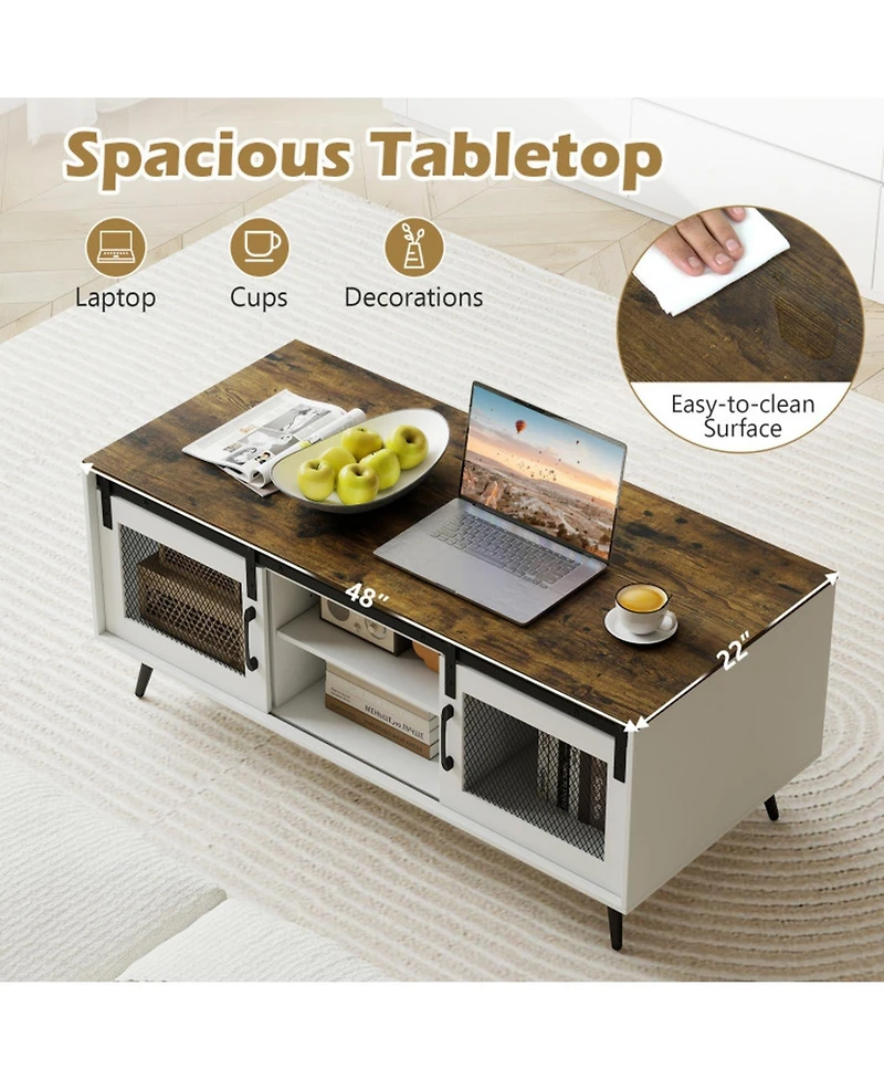 Sugift Farmhouse Coffee Table with Sliding Doors and 3-Position Adjustable Shelf
