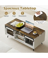 Sugift Farmhouse Coffee Table with Sliding Doors and 3-Position Adjustable Shelf