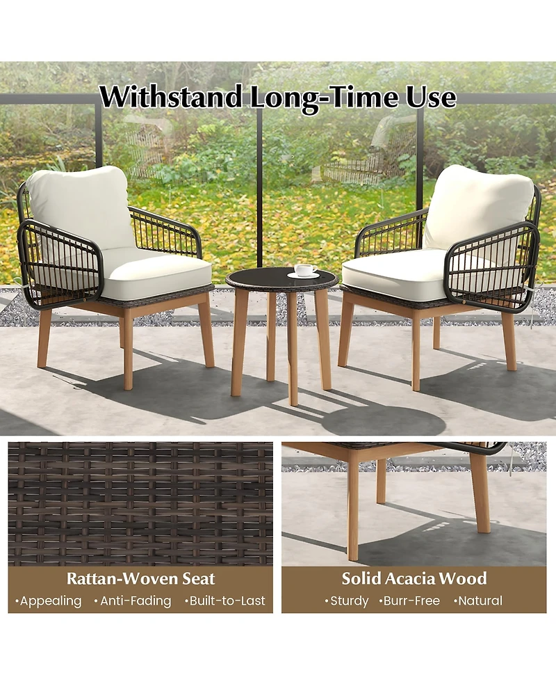 Gymax 3 Piece Patio Chair Set Wicker Chair and Side Table Set with Soft Cushions and Tempered Glass Tabletop