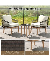Gymax 3 Piece Patio Chair Set Wicker Chair and Side Table Set with Soft Cushions and Tempered Glass Tabletop